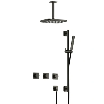 Afbeelding van Hotbath Gal Regendoucheset IBSGL70 Geborsteld Gunmetal PVD Staaf Handdouche 22cm Hoofddouche 15cm Plafondbuis met glijstang