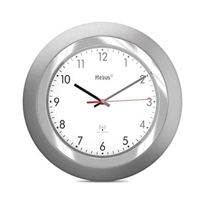 Afbeelding van Mebus 19452 radiografische wandklok klassiek met zilveren frame en witte wijzerplaat diameter 24 cm rond