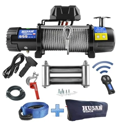 Afbeelding van Husar Winch Elektrische lier 13500 lbs 6124 kg 12 V met stalen touw 22 m x 9,5 mm, draadloze bediening, planetaire transmissie 3 etages, ideaal voor terreinvoertuigen, voertuigen 4 4, OFF ROAD