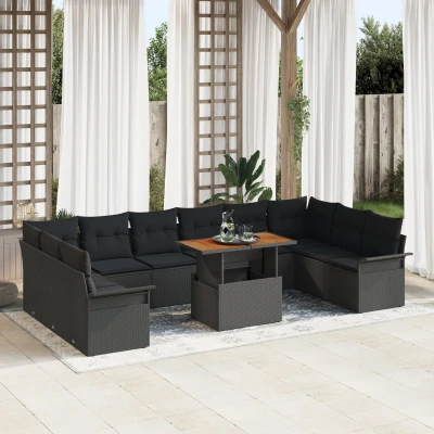 Afbeelding van vidaXL 11 delige Tuin Eettafel Set met Kussens Zwart Poly Rattan Acacia