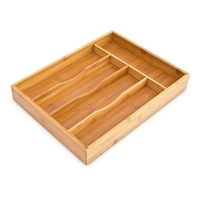 Afbeelding van Relaxdays Lade organizer voor keuken, bestekbak van bamboe met 5 vakken, opslag hout, keukengerei, kast, messen, natuur, 4,5 x 25,5 34 cm