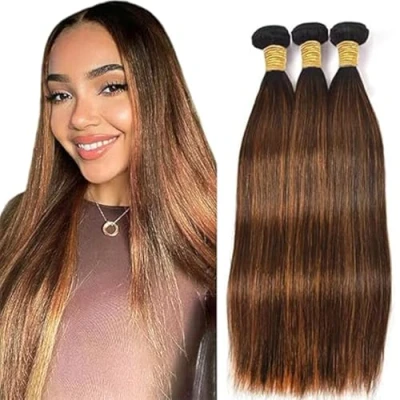 Afbeelding van Tuheerst Brown Human Hair Bundles Straight P430 Highlight Real 100% Unprocessed Brazilian Virgin 100g/PC 300g Total No Smell Tangle for Woman 3 28 Inches
