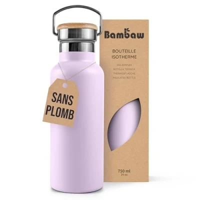 Afbeelding van Bambaw® 750ml RVS Thermosfles Dubbelwandig, Milieuvriendelijk, Lekvrijen, loodvrij en Plasticvrij Geïsoleerde Fles met Bamboe Deksel voor Warme Koude Dranken Ideaal Reizen, Werk, Yoga, Wandelen Dagelijks Gebruik violet