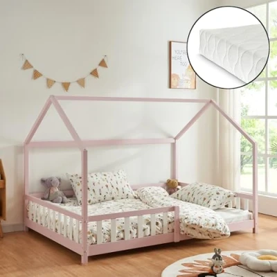 Afbeelding van Kinderbed Hesel huisbed met matras en uitvalbeveiliging 120x200 cm roze [en.casa] [neu.haus]