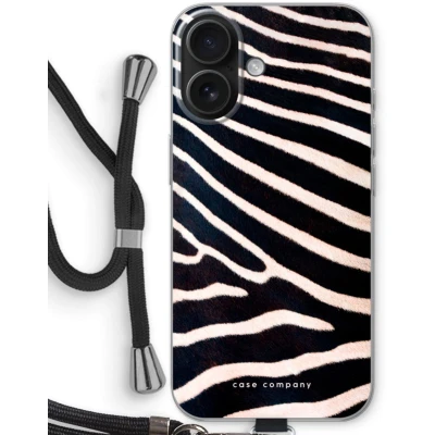 Afbeelding van Case Company® hoesje met Koord geschikt voor iPhone 16 Zebra Telefoonhoesje Zwart Bescherming aan alle Kanten en Over de Schermrand
