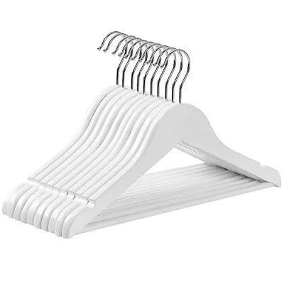 Afbeelding van SONGMICS Kleerhangers van massief hout voor kinderen, 10 stuks, met ophangstang, antislip, inkepingen, draaibare haak, 35 x 1,2 20 cm, wit CRW006W02