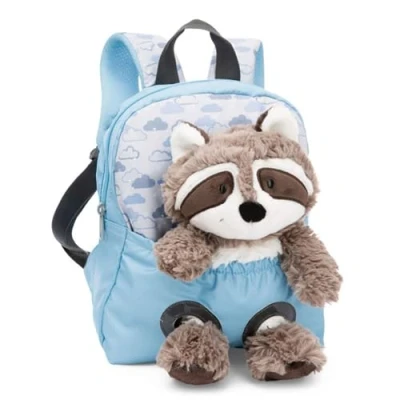 Afbeelding van NICI Kinderrugzak 21 x 26 cm lichtblauw met pluche wasbeer 25 zachte en pluizige kleuterschool schooltas afneembaar voor jongens meisjes van 2 tot 5 jaar