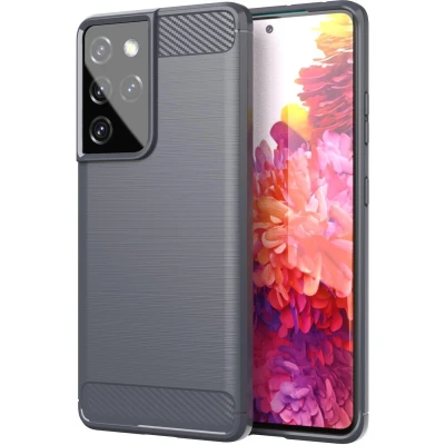 Afbeelding van Cadorabo Hoesje geschikt voor Samsung Galaxy S21 ULTRA in BRUSHED GRIJS Beschermhoes van flexibel TPU siliconen roestvrij staal carbonvezel look Case Cover