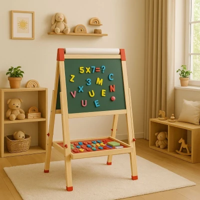 Afbeelding van Magnetisch Tekenbord Dubbelzijdig Schoolbord voor Kinderen Krijtbord en Whitebord Magneetbord met Hout Educatief Peuter Speelgoed Staand in Hoogte Verstelbaar