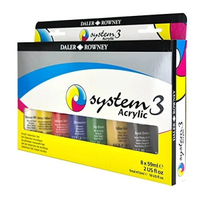 Afbeelding van Daler Rowney System3 Acrylverfset, 59 ml, 8 heldere kleuren, verschillende oppervlakken, ideaal voor professionele kunstenaars en studenten