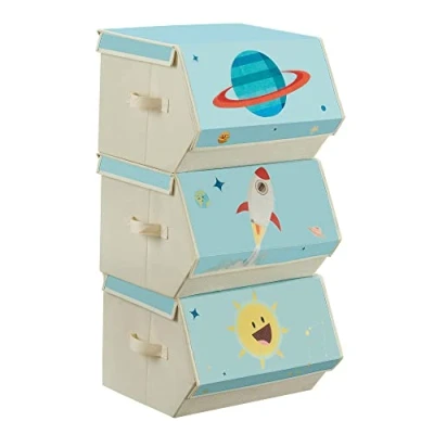 Afbeelding van SONGMICS Speelgoeddoos voor kinderen, 3 stuks, opbergdoos, mand, stapelbaar, opvouwbaar, met handgrepen, magneetdeksel, kinderkamer, speelkamer, ruimtethema, blauw RLB700Q01