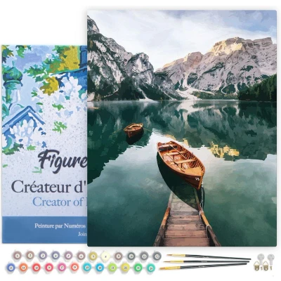 Afbeelding van Figured&#039;Art Schilderen op Nummer Volwassenen met lijst Kleine boot en bergmeer Handwerk acrylverf Kit DIY Compleet 40x50cm Canvas al ingelijst
