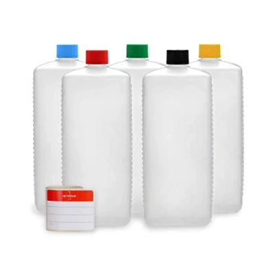 Afbeelding van Octopus 5 stuks 1000 ml HDPE plastic flessen met gekleurde schroefdoppen, lege schroefdeksels, vierkante etiketteringsetiket