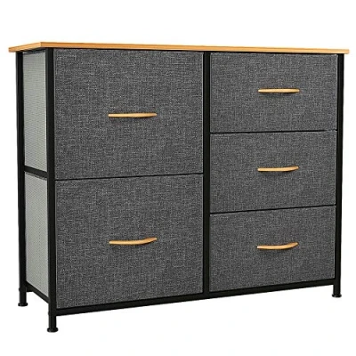 Afbeelding van YITAHOME commode voor slaapkamer, met 5 laden van stof, opbergkast houten bovenkant en grote opbergruimte, woonkamer, kinderkamer, grijs/zwart