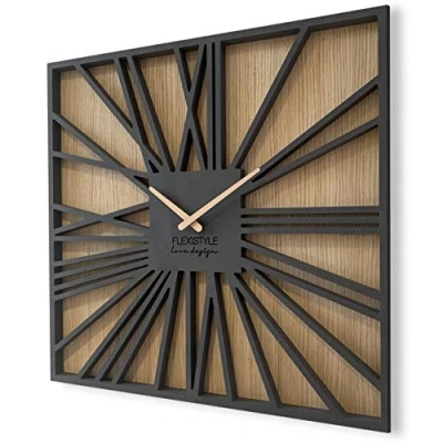 Afbeelding van FLEXISTYLE Grote vierkante wandklok zonder tikkend geluid, eiken zwart, 50 cm, voor woonkamer, slaapkamer, gemaakt in de EU