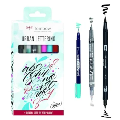 Afbeelding van Tombow Urban Lettering, kalligrafie en letterset met 4 Brush Pens Fudenosuke, 1 ABT Dual Pen een watertankkwast instructies van Iván Caiña [LS WSBHS].