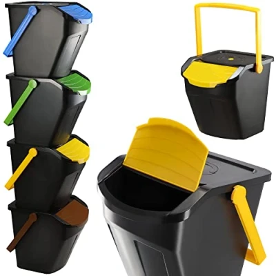 Afbeelding van KADAX Recycling emmer, 25 liter afvalemmer/prullenbak met deksel afvalemmerset voor gemakkelijke afvalscheiding, afvalverzamelaar, afvalscheider biologisch afval, papier, glas 4x25L