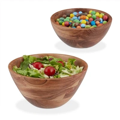 Afbeelding van Relaxdays houten saladeschaal set van 2 acaciahout 19 en 25 cm serveerschalen