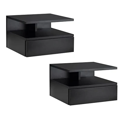 Afbeelding van HOMCOM Set van 2 nachtkastjes voor wandmontage, schuiflade, nis, blad, zwarte spaanplaat