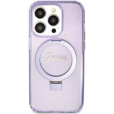 Afbeelding van Guess Ring Stand Script Glitter Back Cover hoesje met MagSafe voor Apple iPhone 11 / XR Paars