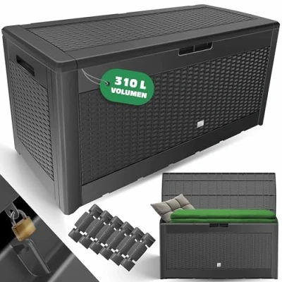 Afbeelding van KESSER® Opbergbox kussenbox 310 liter met wielen inklapbaar deksel handgrepen rotanlook tuinbox, antraciet