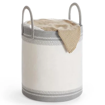 Afbeelding van SONGMICS wasmand, 60L opbergmand met deksel, katoenen touw, handvat, trekkoord, voor kleding, dekens, woonkamer, slaapkamer, 41 x 46 cm, duifgrijs RLH060G01