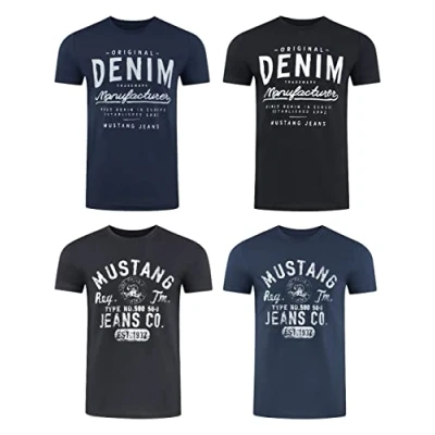 Afbeelding van Mustang Set van 4 T shirts voor heren met print op de voorkant en ronde hals, kleurenmix blauw zwart