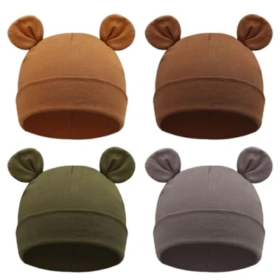 Afbeelding van DRESHOW Babymuts voor pasgeborenen, peuters, zacht, schattig, gebreid, baby&#039;s, jongens, kinderen, mutsen, 4 stuks Bear Ears: grijs, kaki, koffie, donkergroen