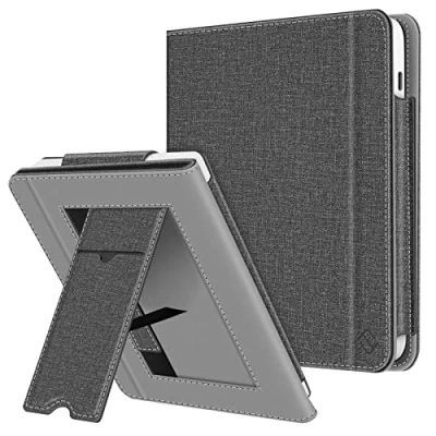 Afbeelding van FINTIE hoes compatibel met 7 inch Kobo Libra Colour 2024 / 2 2021 (model: N428 N418), e reader standaard kaartsleuf en polsband, grijs