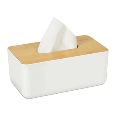 Afbeelding van Relaxdays tissue box kunststof met houten deksel moderne tissuehouder grote tissuedoos wit