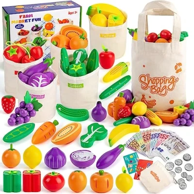 Afbeelding van SEMKOTREE Dinette voor kinderen, keukenaccessoires levensmiddelen, keuken, fruit en groenten, speelgoed van hout, imitatiespel, valse bankbiljetten, euro&#039;s, cadeau