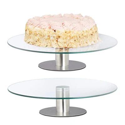Afbeelding van Relaxdays draaibaar taartplateau set van 2 met voet Ø 30 cm taartschaal glas rvs