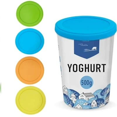 Afbeelding van Set van 4 herbruikbare yoghurtdeksels 500 g, voor yoghurt, siliconen deksels, bijna alle bekers 150 g tot