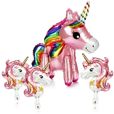 Afbeelding van COM FOUR® set van 4 ballonnen eenhoorns folieballon eenhoorn in twee maten (4 delige 1 x groot + 3 klein)