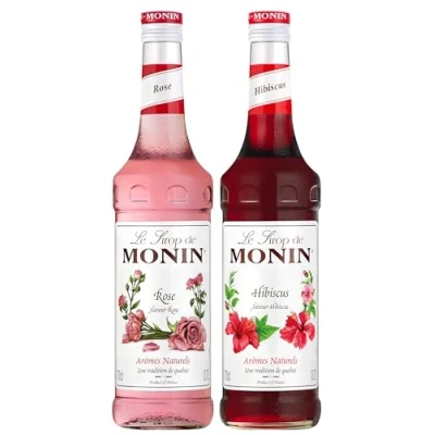 Afbeelding van MONIN Assortiment rozensiroop en hibiscus siroop voor prosecco, kerstcocktail, ijsthee limonade natuurlijke aroma&#039;s 2 x 70 cl