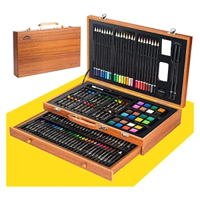 Afbeelding van WEEKSUN 141 delige tekenset voor kinderen, houten doos met potloden, oliepastels, schilderset kleurpotloden, schetspotloden, aquareltaart