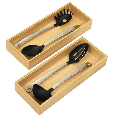 Afbeelding van Bamboe bestekbak voor laden, set van 2 stuks, natuurlijke stapelbare bestek organizer, lade en voorraadkast, ladeinzet keuken kookgerei, 15,5 x 6,5 38,5 cm