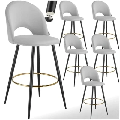 Afbeelding van tectake® Set van 6 Barkrukken Sachel Gestoffeerde Barkruk met rugleuning Barstoelen Ergonomische Barstoel voetensteun Eetkamerstoel fluweellook bekleding Stevige stalen poten antislip vloerbescherming Lichtgrijs/Zwart
