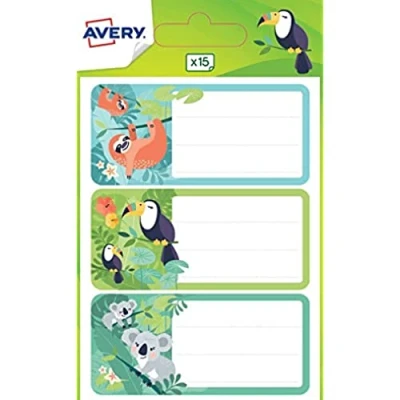 Afbeelding van AVERY 15 etiketten voor schoolmateriaal in jungle design: luiaard, toekan en koala Formaat 76 x 34 mm