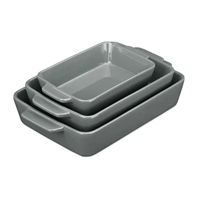 Afbeelding van Relaxdays Set van 3 vierkante keramische ovenschalen voor lasagne, gratin, tiramisu, vaatwasmachinebestendig, grijs