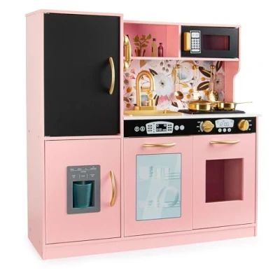 Afbeelding van Leomark MEMO Pink houten keuken voor kinderen: realistische lichten en geluiden, de chique speelse bondgenoot kleine koks stimulatie van creativiteit met gouden accessoires!