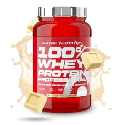 Afbeelding van Scitec Nutrition 100% Whey Protein Professional met essentiële aminozuren en spijsverteringsenzymen, glutenvrij, 920 g, witte chocola