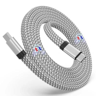 Afbeelding van Magtame Magnetische USB C naar kabel, 60 W (3 A), 1,5 m spiraalkabel, platte gevlochten nylon, type C, compatibel met apparaten voor Samsung pad, zilver