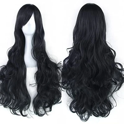 Afbeelding van IMISSU 80 cm lange cosplay pruik van echt haar, krullend, met kleurrijke pony, Halloween, kostuum, party, pruiken voor vrouwen (zwart)