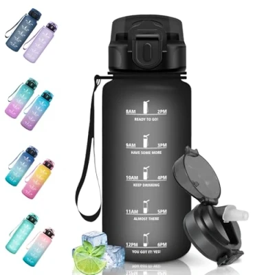 Afbeelding van Motswedi Sportfles, 500 ml, lekvrij, rietje, BPA vrij, drinkfles met herbruikbaar, drinkfles, gemakkelijk te dragen, waterfles voor fitness, yoga, fietsen, kamperen, zwart