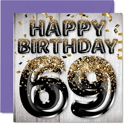 Image de Stuff4 Carte d&#039;anniversaire 69 ans pour homme Ballons noirs et dorés à paillettes Cartes de ans, papa, grand père, oncle, 145 mm x mm,