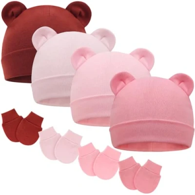 Afbeelding van DRESHOW Babymutsen en wanten, beschermende pasgeborenen, peuters, zacht, schattig, gebreid, muts, 0 6 maanden, één maat, 4 Sets: Bear Ears Hoeden &amp; Mittens Double Layer H02