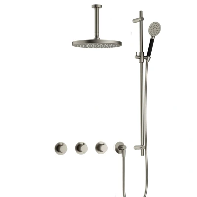 Afbeelding van Hotbath Cobber Regendoucheset IBS70 Geborsteld Nikkel Ronde handdouche 30cm Hoofddouche 15cm Plafondbuis Handouche met glijstang