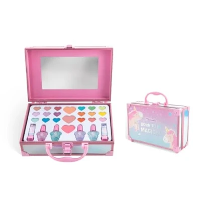 Afbeelding van MARTINELIA Make uppalet voor kinderen eenhoorn upset meisjes: lippenstift, oogschaduw, nagellak kinderen, veelkleurige blush met spiegel Metalen koffer