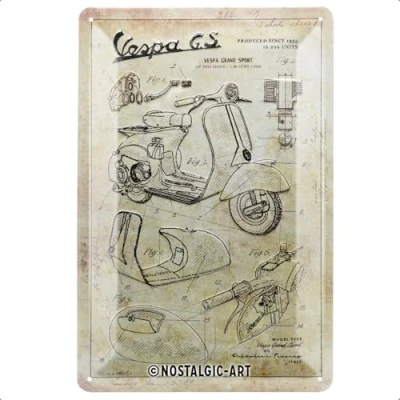 Afbeelding van Vespa Onderdelen Schetsen Metalen Bord 20 x 30 cm